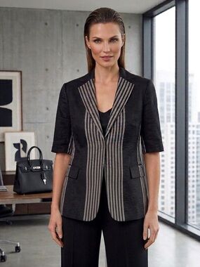 Akris Punto Linen Silk Striped 12 Short Sleeve Blazer Jacket Minimal Black Grey